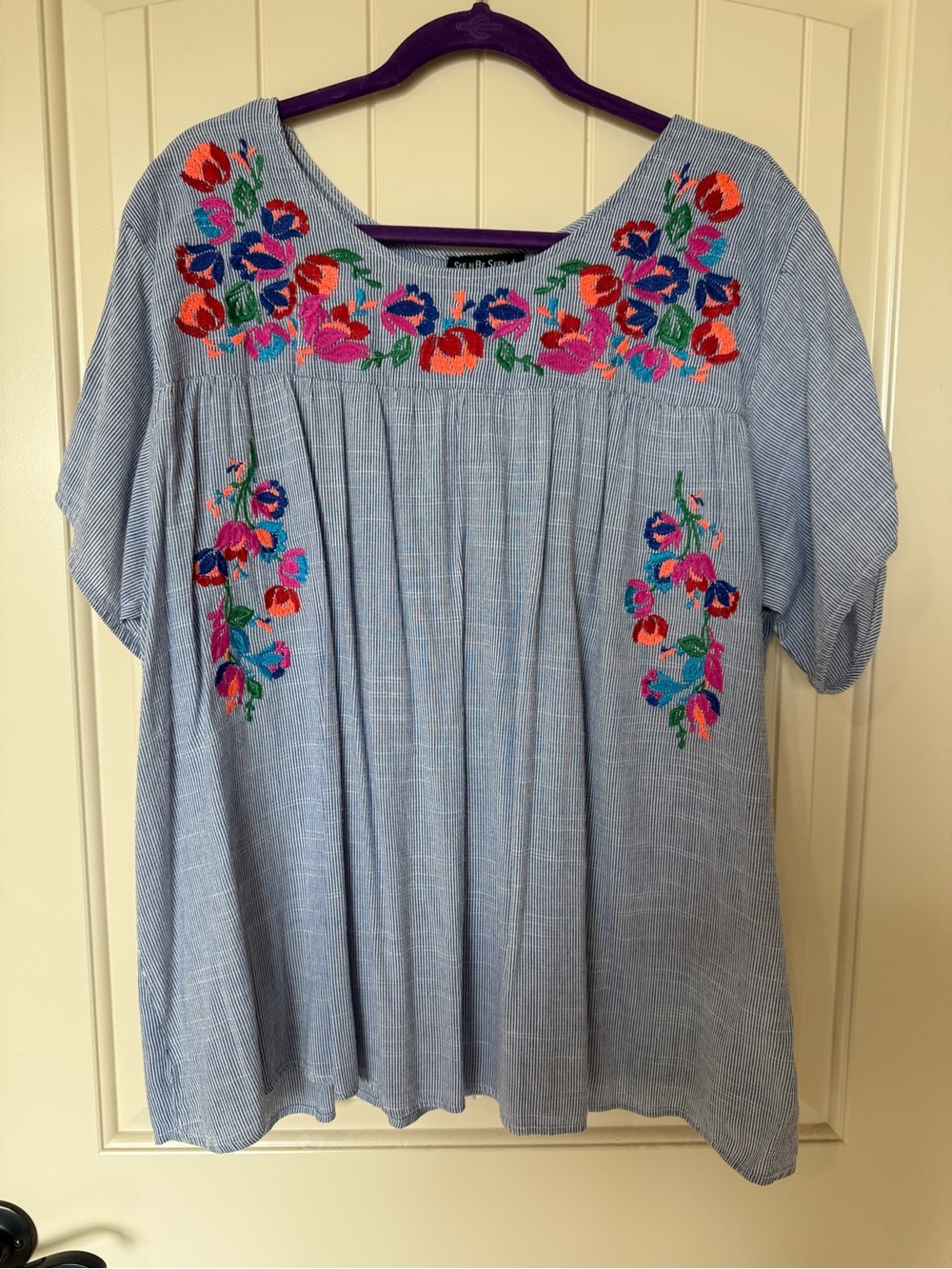 Embroidered Light Blue Floral Peasant Blouse Size 3X